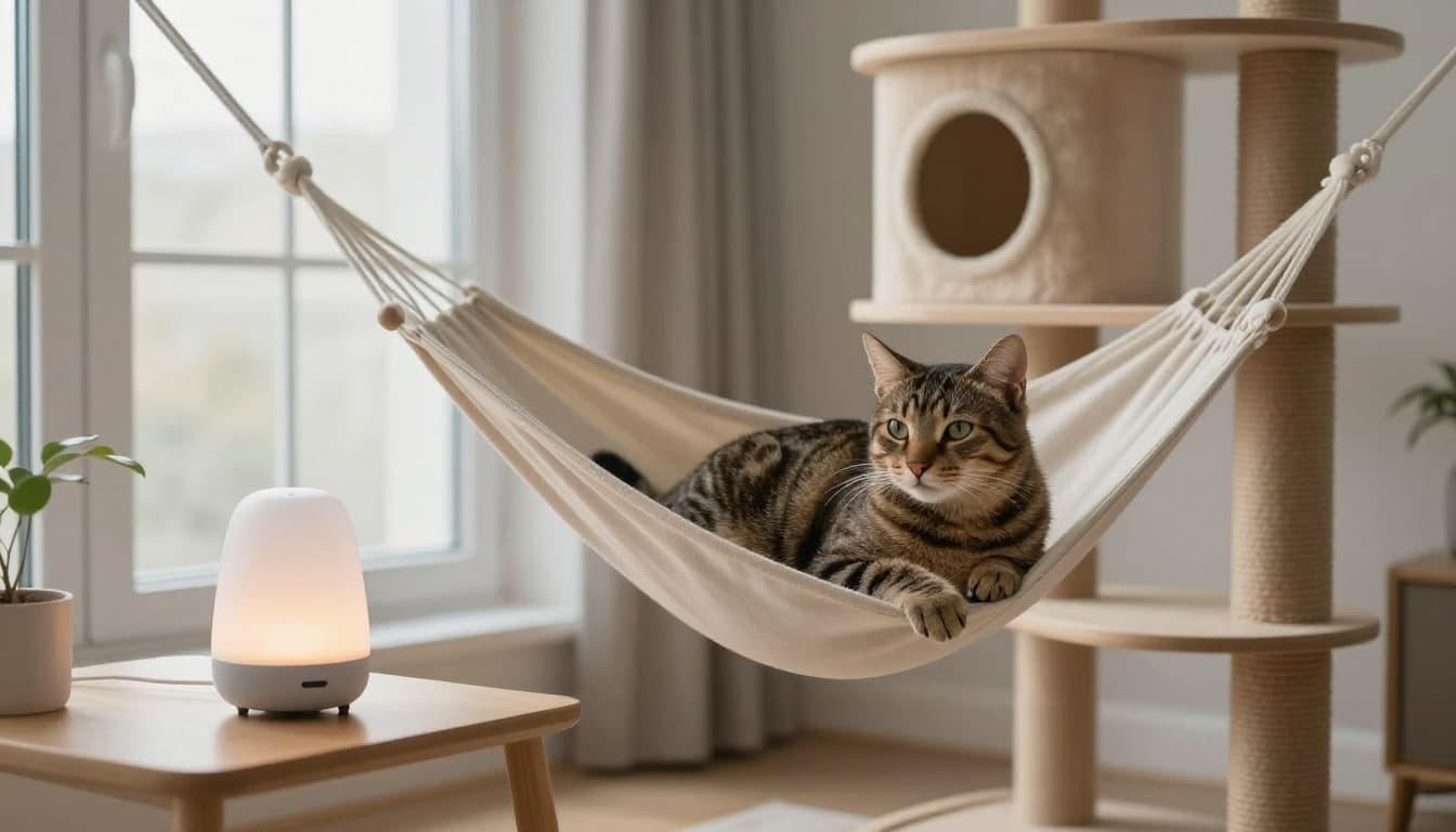 A serene tabby cat lounges calmly in a hammock on a premium wooden cat tree in a bright minimalist Scandinavian living room. A small pheromone diffuser glows softly on a nearby light wood side table.