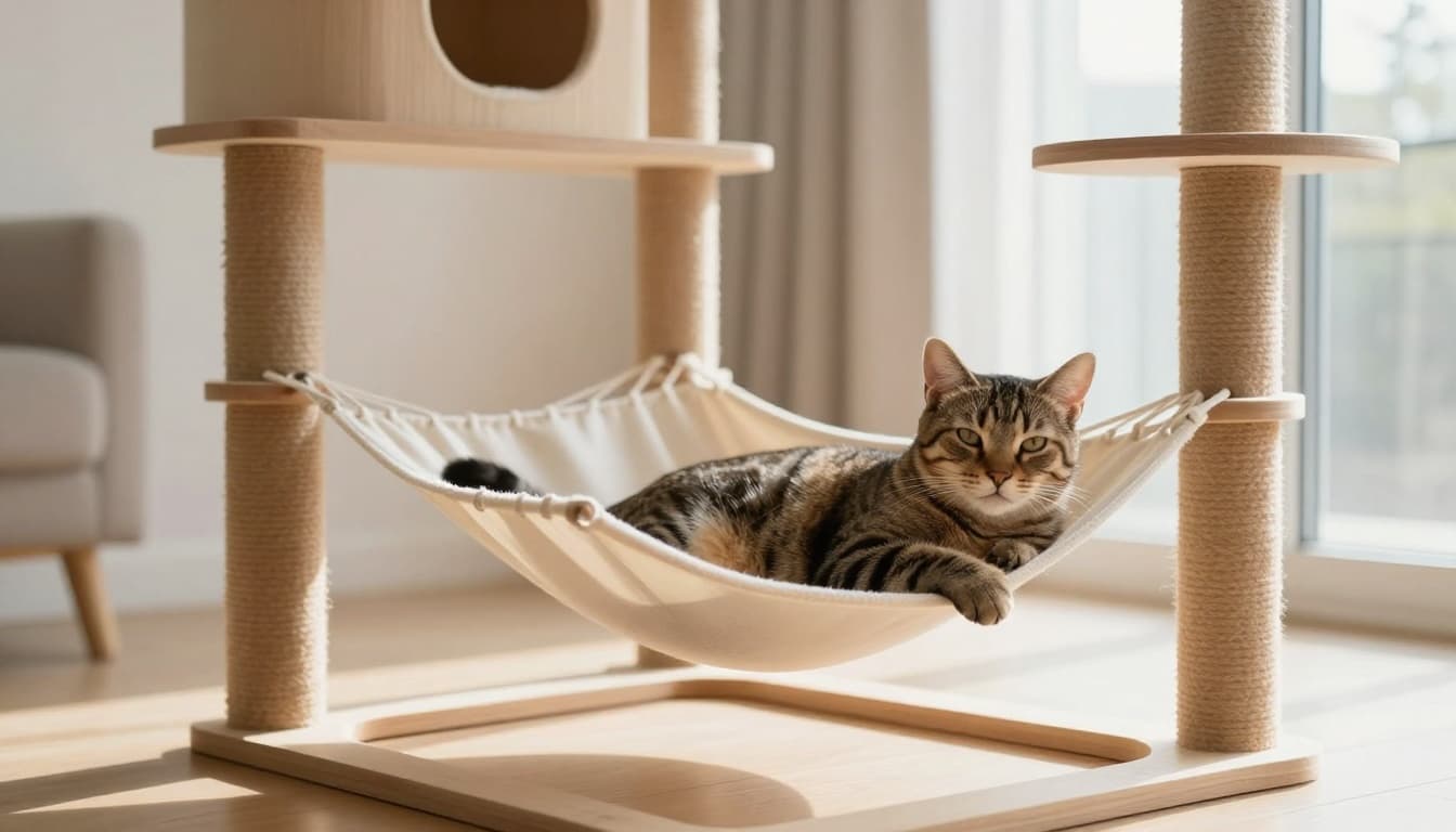 A serene female tabby cat rests peacefully on a hammock of a premium wooden cat tree after sterilization, looking relaxed and content. The bright Scandinavian minimalist living room features natural light, light wood floors, and beige neutral tones.