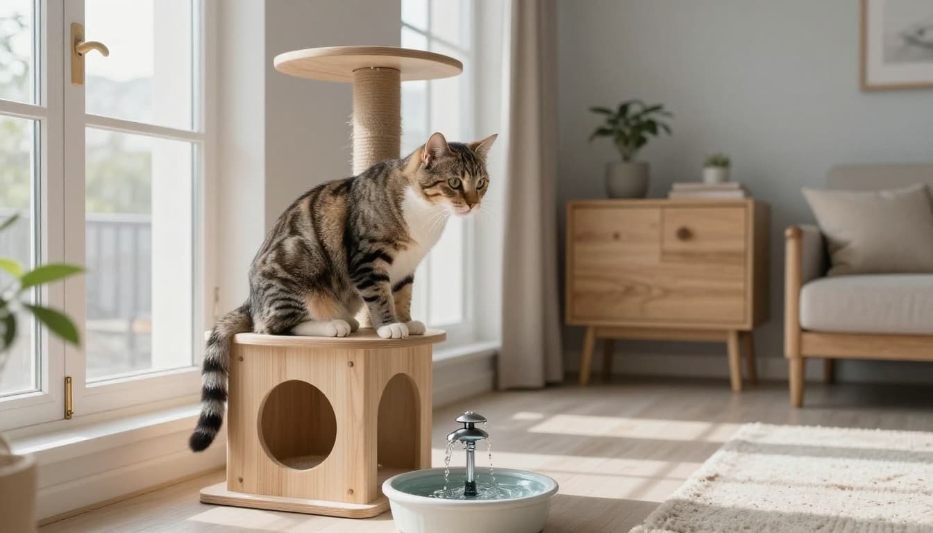 A serene tabby cat sits calmly on a premium wooden cat tree at a safe height, observing a small water fountain in a bright Scandinavian living room with natural light and minimalist decor.