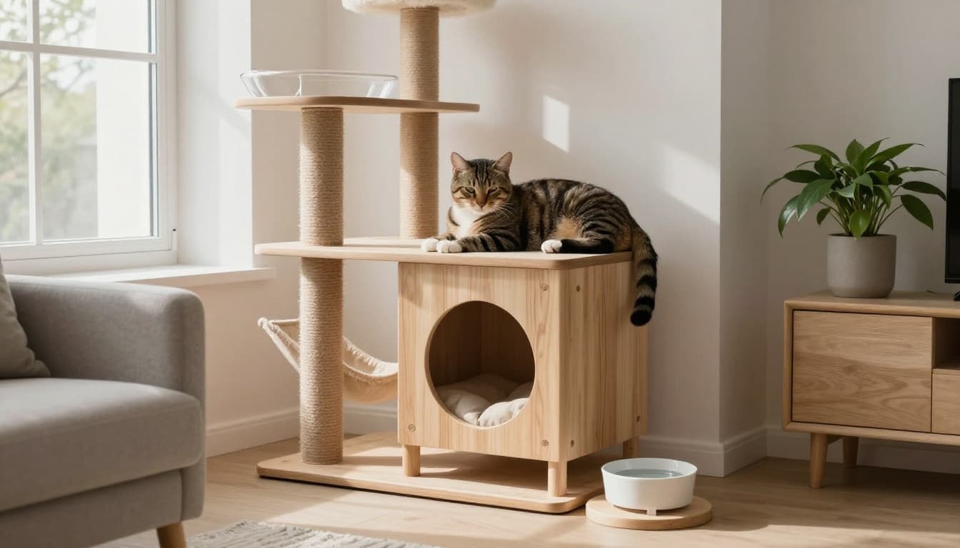 A serene tabby cat relaxes confidently on a high stable platform of a premium wooden cat tree in a minimalist Scandinavian living room near a sunny window, with integrated scratching posts, hammock, and cozy elements.