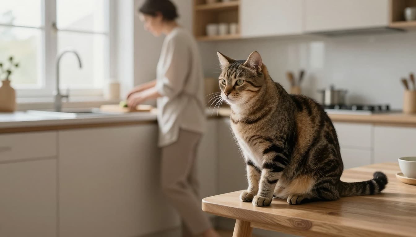 In a bright minimalist Scandinavian kitchen, a relaxed tabby cat sits on a wooden stool, attentively watching its owner in the softly blurred background.