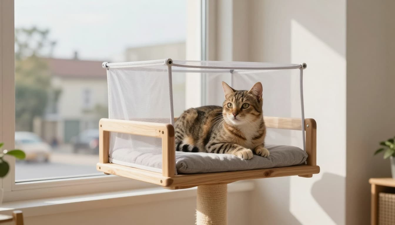 An adult tabby cat calmly observes through a large secured window with safety netting from a high perch on a sturdy wooden cat tree in a bright minimalist Scandinavian living room with neutral beige and light wood tones, abundant natural light, and cozy atmosphere.