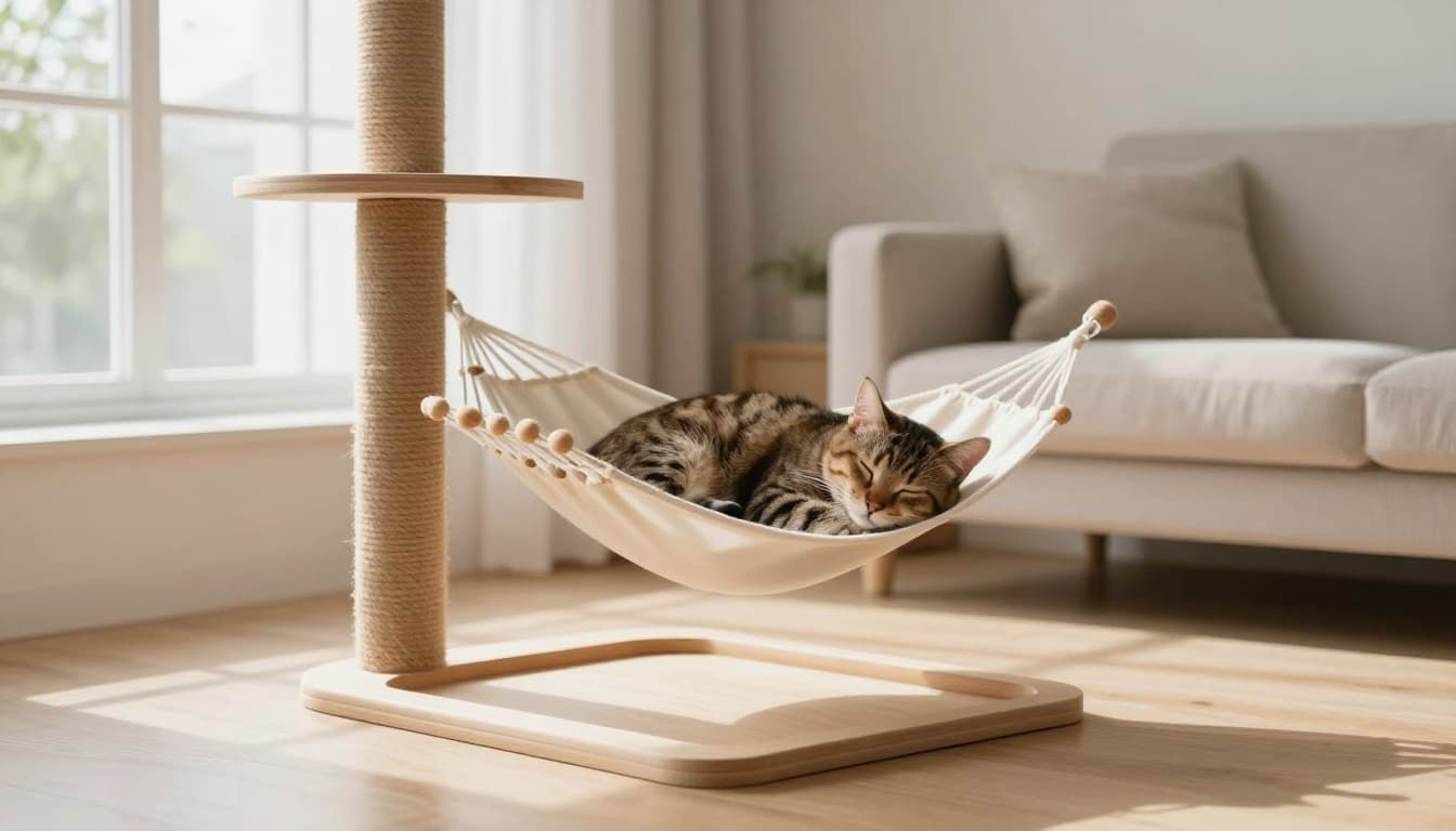 A relaxed female tabby cat sleeps peacefully curled up on a hammock in a premium wooden cat tree, in a bright Scandinavian minimalist living room with natural light, light wood floors, and cozy neutral tones.