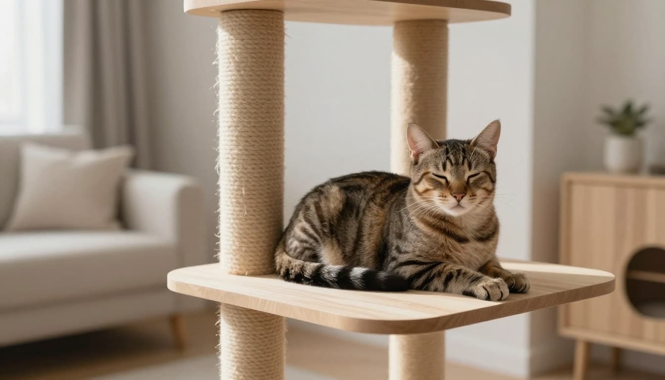 A serene female tabby cat recovers peacefully on a stable premium wooden cat tree in a cozy modern Scandinavian apartment, illuminated by bright morning light with minimalist neutral decor.
