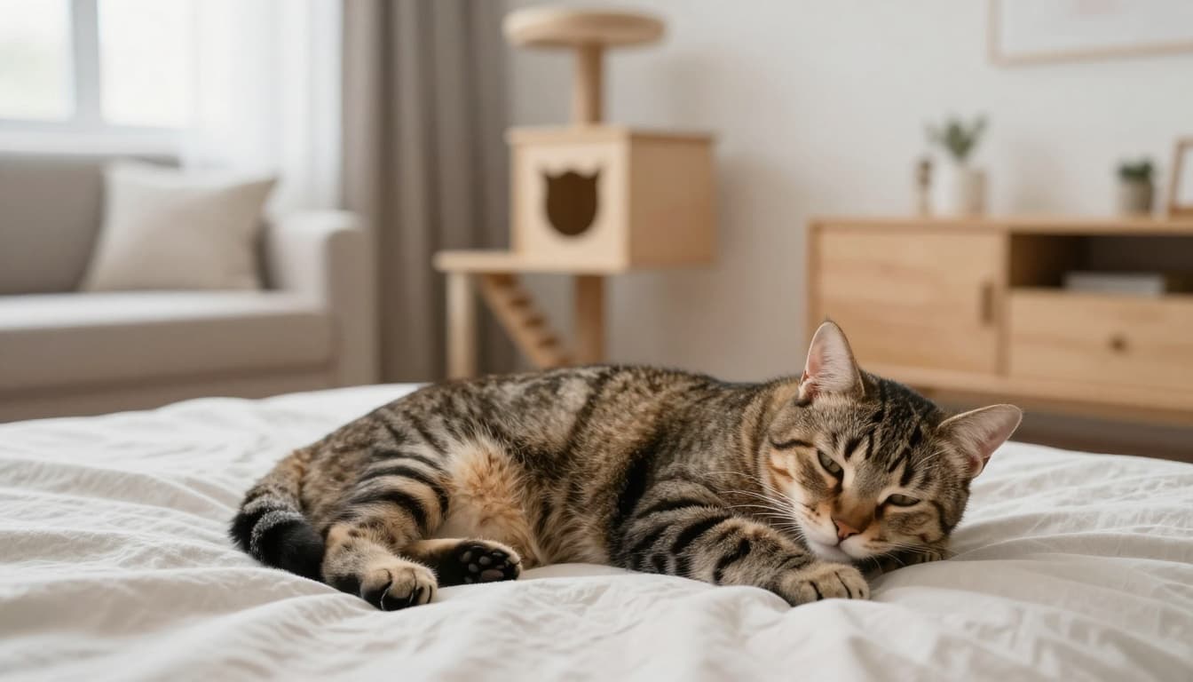 A serene tabby mother cat rests calmly between contractions on soft bedding in a bright modern Scandinavian living room with natural light and minimalist decor.