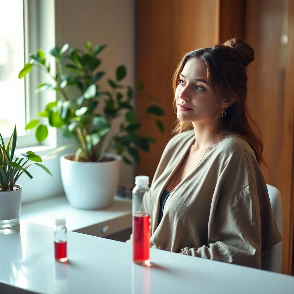 Jeune femme en robe bohème fluide, dans un cabinet médical lumineux, regardant un flacon de prise de sang avec une expression sereine
