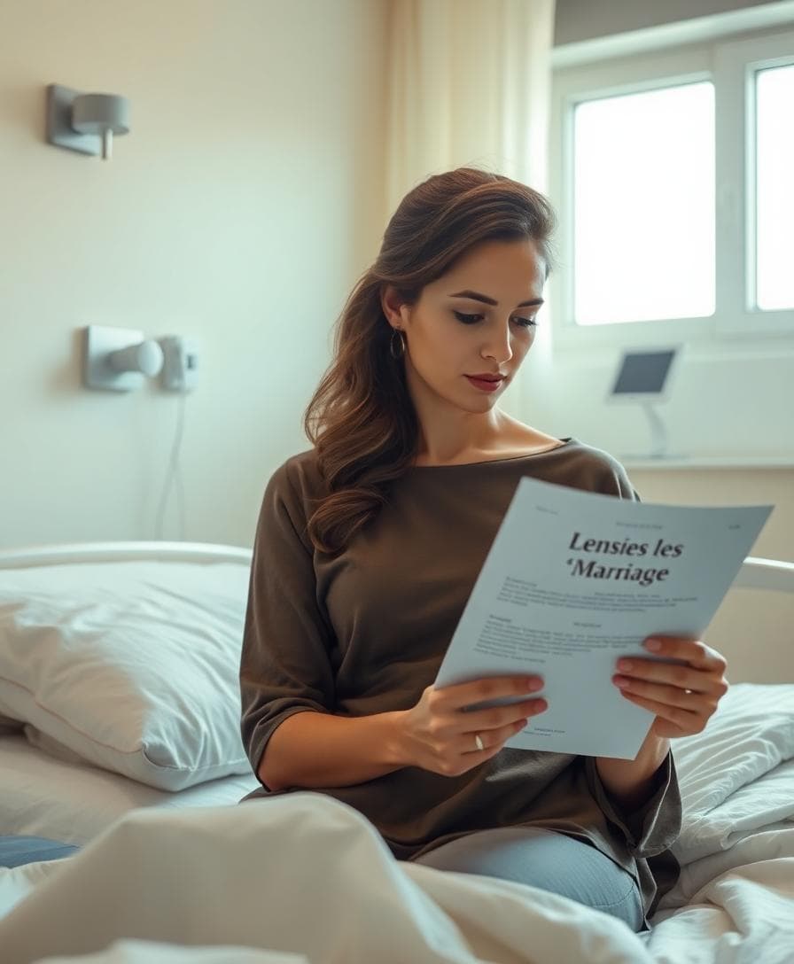 Femme lisant des règles de mariage, ambiance douce et rassurante en chambre d’hôpital