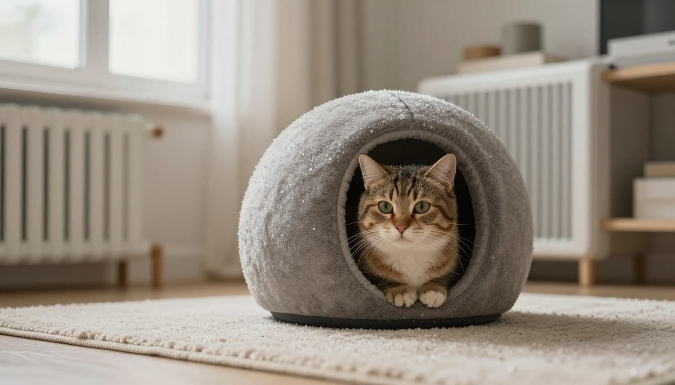 An elegant domestic cat shivers from the cold and curls up near a radiator on a fluffy rug in a modern Scandinavian living room with soft natural light, minimalist neutral tones, and a warm cozy atmosphere. Its fur is slightly damp from rain as it seeks warmth in this premium lifestyle photography.
