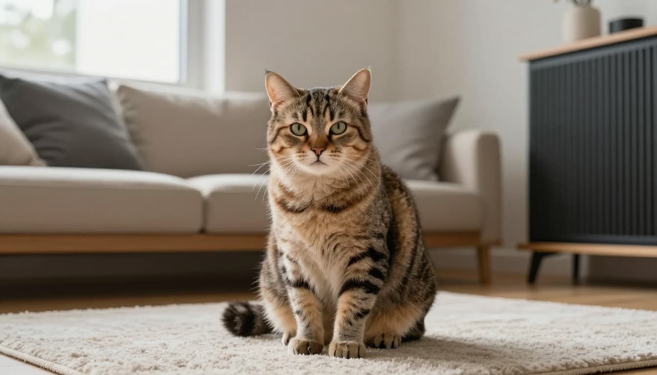 An elegant domestic cat shivers slightly all over its body in a modern Scandinavian living room with soft natural light and minimalist decor. The cat sits on a fluffy rug near a radiator, tail curled, with a tense expression from the cold, creating a warm cozy atmosphere.