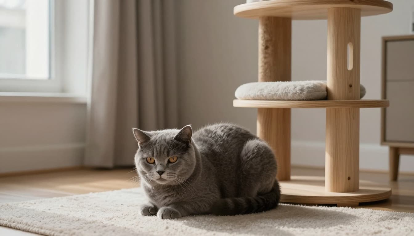 An adult gray shorthair cat trembles slightly from the cold, curled up near a premium light wood cat tree in a minimalist Scandinavian living room with beige tones, light wood, soft grays, and warm natural light.
