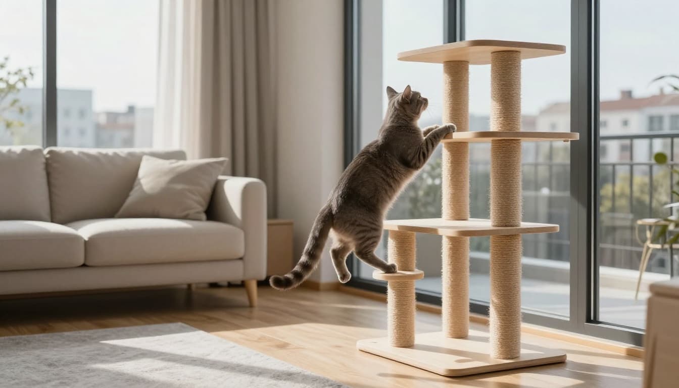 A sleek shorthair cat climbs energetically up a multi-level light wood cat tree in a bright modern Scandinavian living room near a window with urban view, bathed in soft morning light.