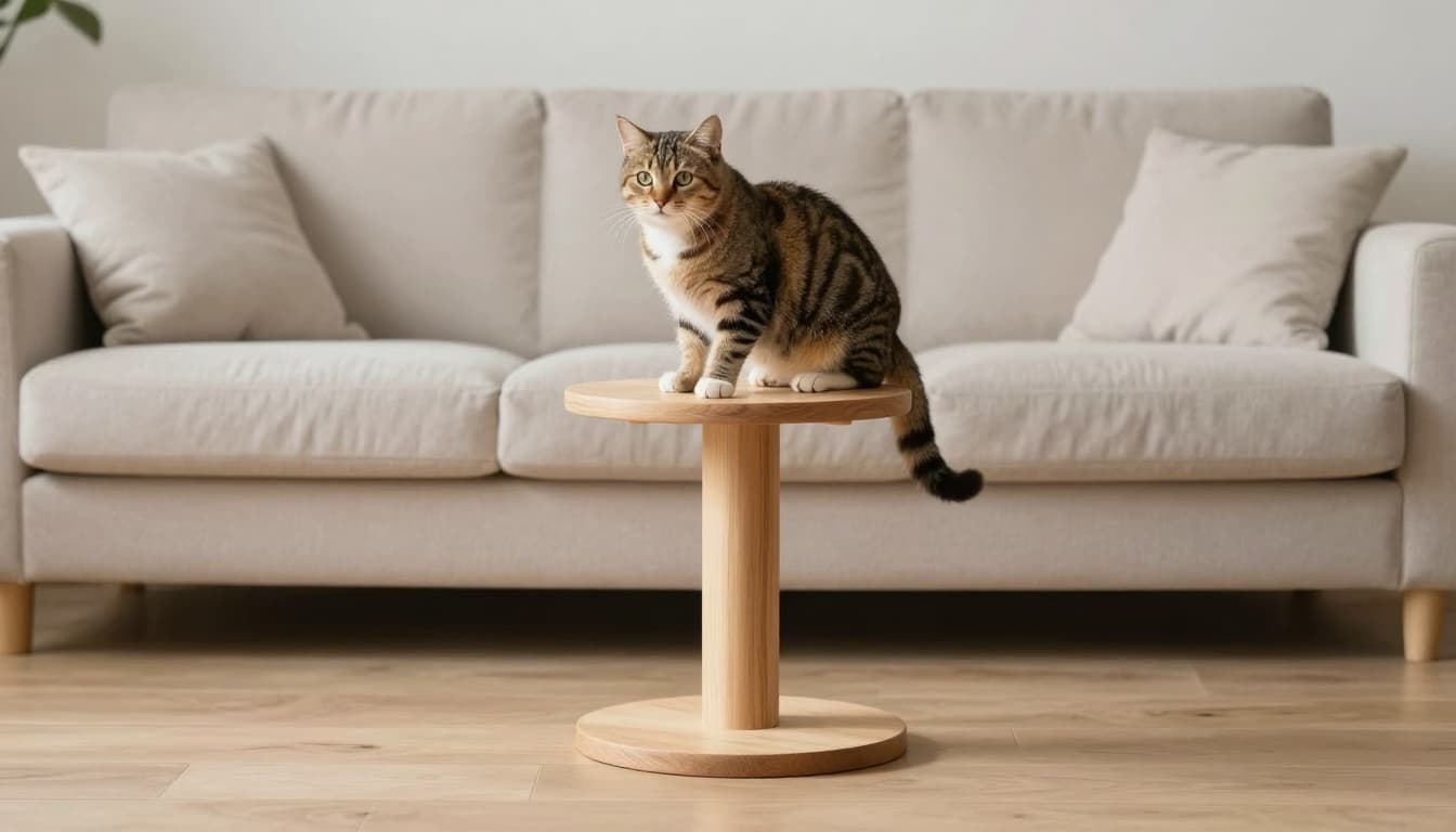 In a luminous modern Scandinavian living room with light wood floors, beige sofa, and soft natural light, a robust premium cat tree made of solid wood and natural fabrics stands stably in the corner. A confident domestic shorthair cat climbs secure platforms and a vertical scratcher in a cozy, elegant atmosphere with neutral minimalist background.