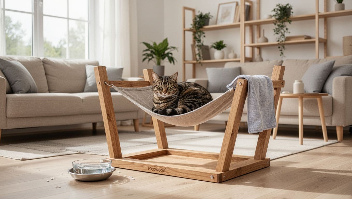 A shorthair cat rests curled up on the hammock of a stylish Meowood cat tree in a cozy modern Scandinavian living room with natural light. Minimalist decor includes a water bowl and soft cloth, creating an elegant recovery mood.