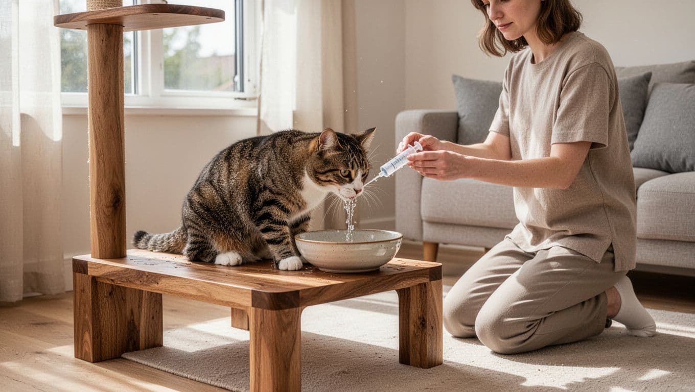A single adult shorthair cat calmly drinks fresh water from a ceramic bowl on a premium Meowood cat tree in a bright minimalist Scandinavian living room, with a person gently assisting using a pipette.