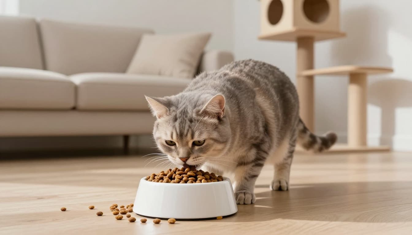 A domestic shorthair cat rapidly eats kibble from a bowl with spills in a bright minimalist Scandinavian living room featuring light wood floors, beige sofa, and wooden cat tree.