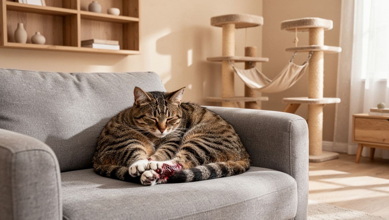 A single adult shorthair cat shows subtle signs of paw infection with a swollen abscess, curled lethargically on a soft grey sofa in a bright, minimalist Scandinavian living room. Premium lifestyle photo featuring natural light, neutral tones, and a stylish Meowood cat tree in the background.