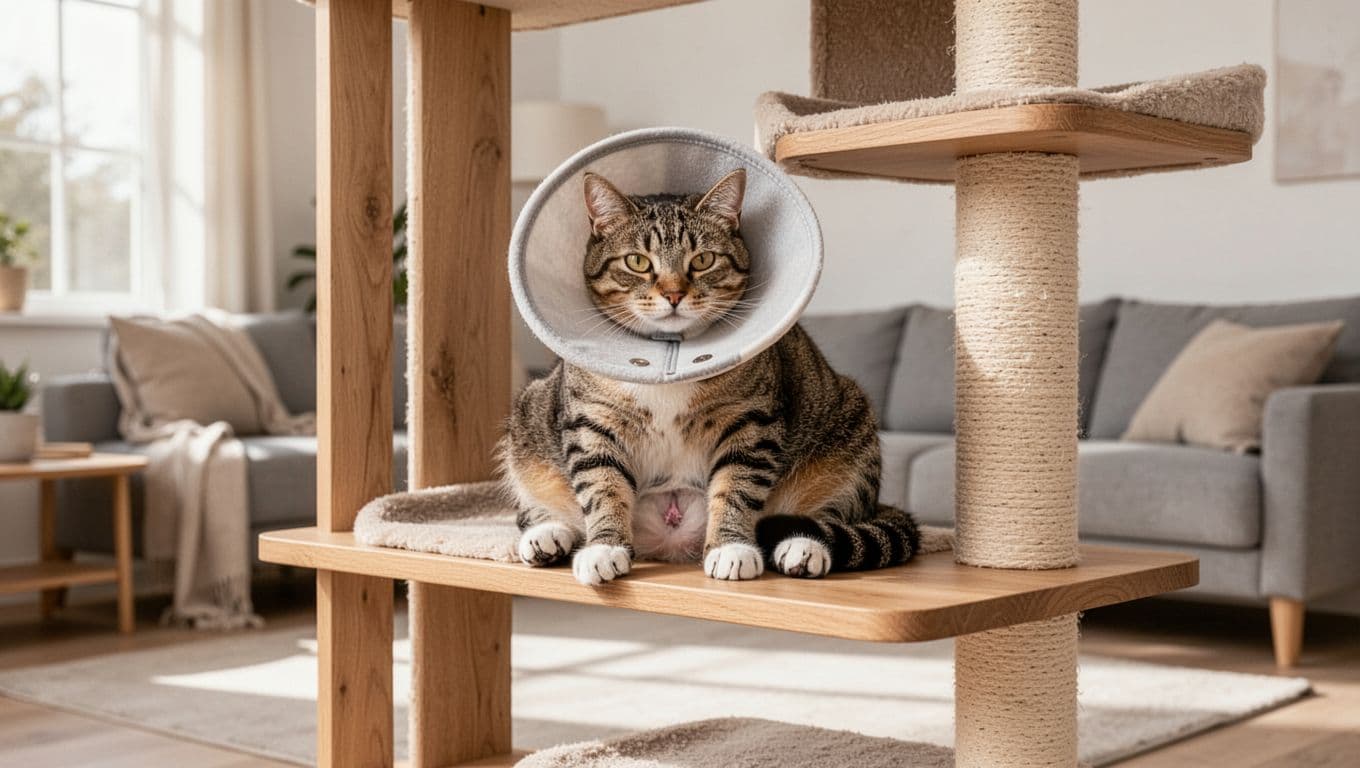 A female domestic shorthair cat wearing a soft recovery collar rests calmly in a grooming pose on a premium wooden cat tree shelf during spay recovery in a modern Scandinavian living room with natural light.