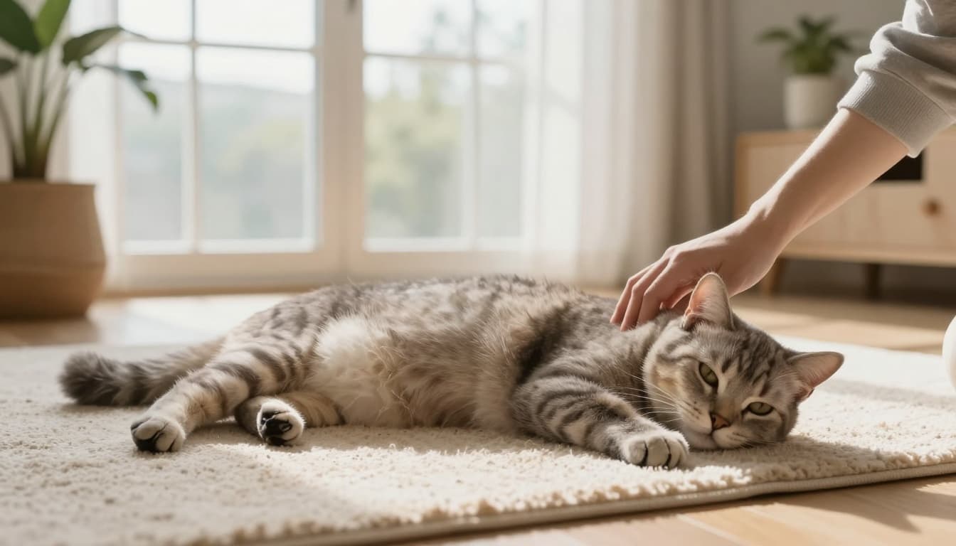 A relaxed short-haired domestic cat lies on a soft beige rug in a bright Scandinavian living room with natural light, as a hand gently palpates its flank to assess ideal body weight by feeling palpable ribs under thin fat. Minimalist decor features light wood furniture, potted plants, and neutral tones for a cozy, elegant atmosphere.