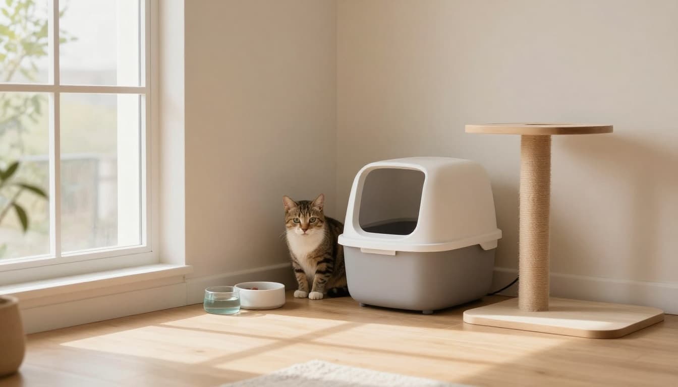 A shy newly adopted cat peeks from a cozy quiet corner in a bright Scandinavian living room with light wood floors and natural light. Nearby essentials include a litter box, water bowl, food dish, and minimalist cat tree in a calm, warm atmosphere.