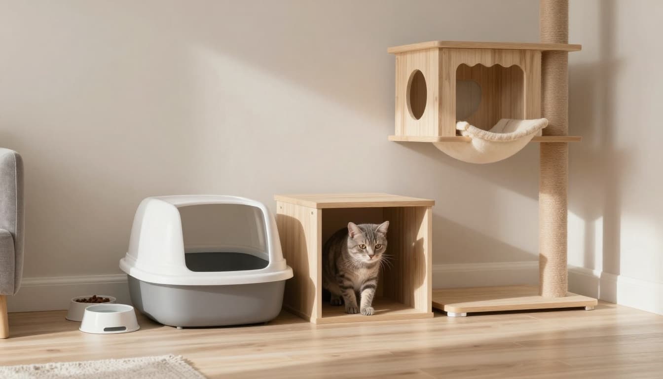 A shy newly adopted gray tabby cat cautiously explores a serene, dedicated room in a minimalist Scandinavian apartment, peeking from behind a hiding box near essentials like a clean litter box, water bowl, food dish, and wooden cat tree.
