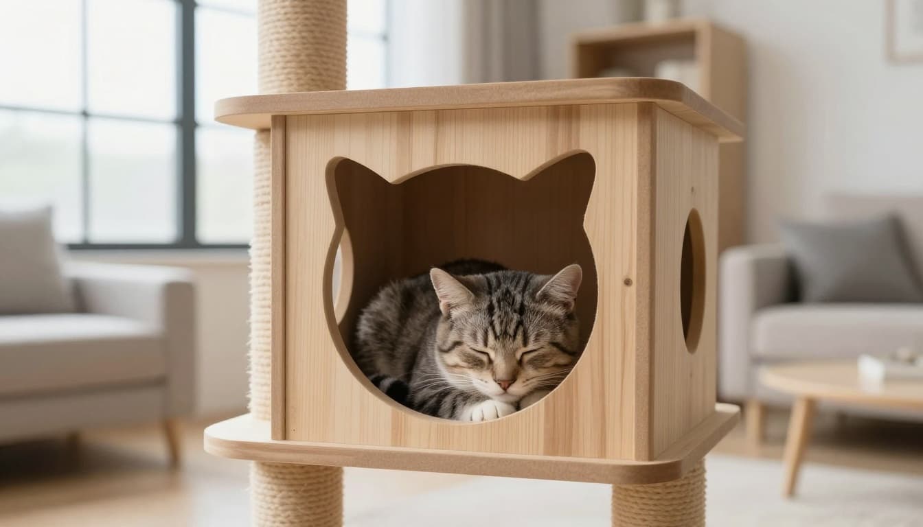 A shy newly adopted kitten hides and sleeps curled up tightly in a secure nook of a premium solid wood cat tree in a modern Scandinavian living room with natural light and minimalist decor.