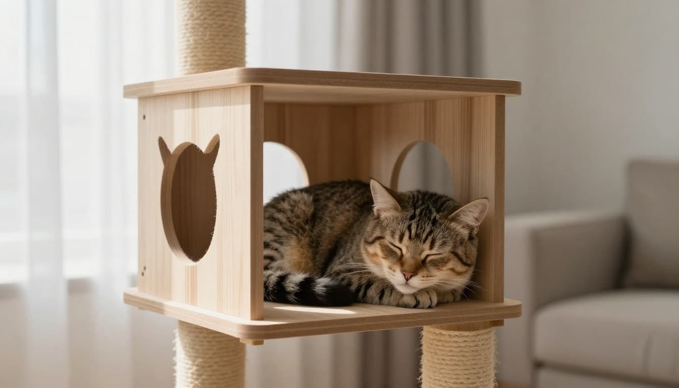 A shy newly adopted cat sleeps curled up in a cozy hiding nook on a premium light natural wood cat tree. The scene is set in a bright minimalist Scandinavian living room with soft natural light and neutral tones.