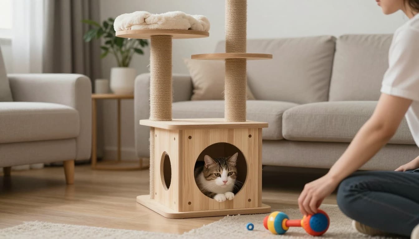 A newly adopted shy cat slowly emerges from a cozy hiding spot on a stable premium solid wood cat tree in a bright modern Scandinavian living room, with the owner providing space nearby with toys, illustrating the 3-3-3 adaptation phase.