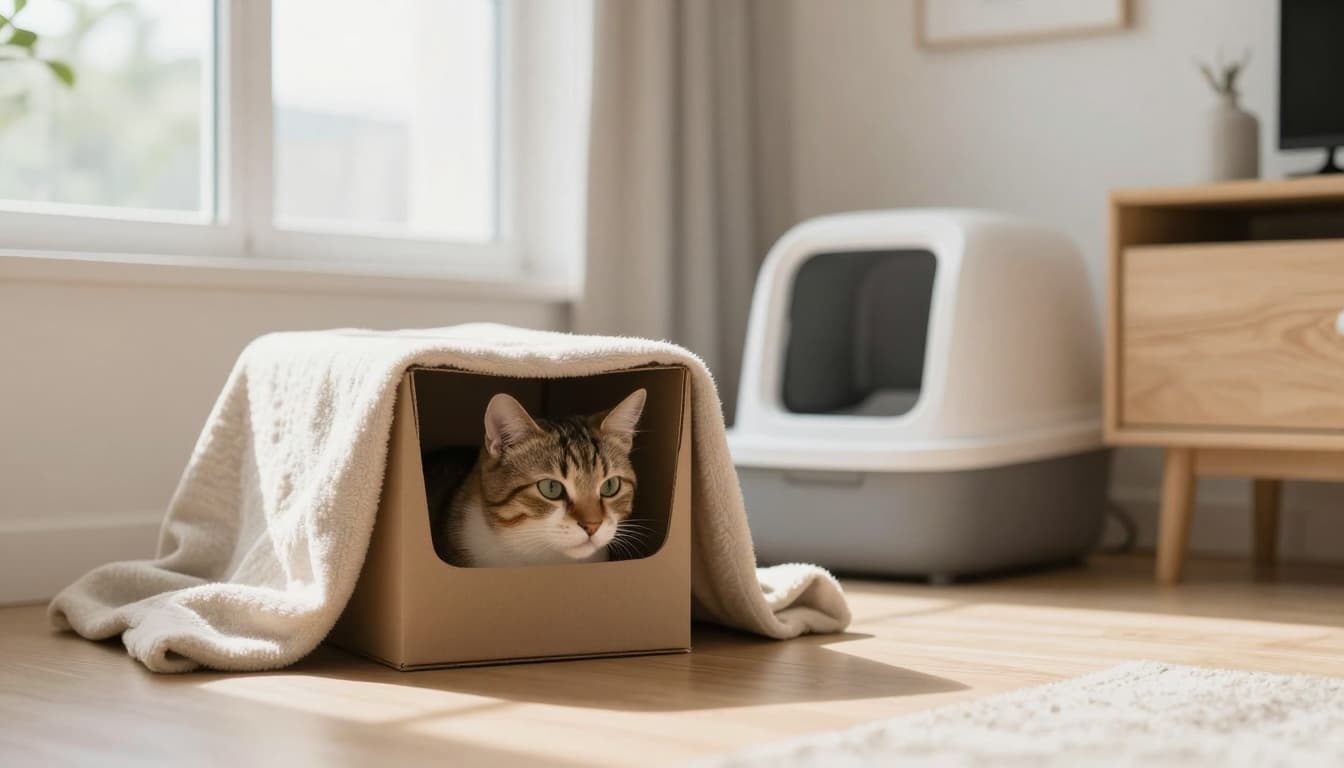 A shy newly adopted adult cat cautiously peeks out from a cozy hiding spot in a bright modern Scandinavian living room with minimalist decor and a discreet litter box nearby.
