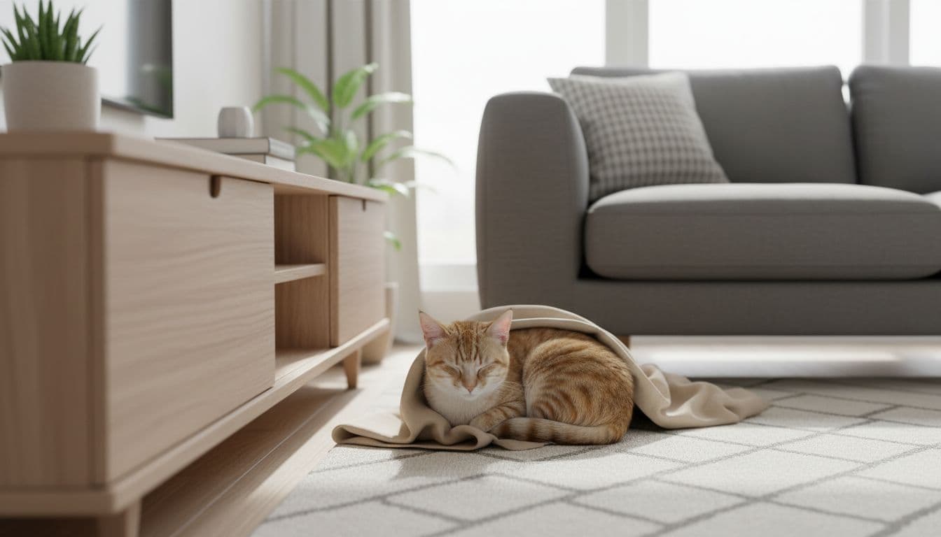 In a premium Scandinavian living room bathed in bright natural light with minimalist beige light wood and soft gray decor, a shy newly adopted tabby cat hides curled up sleeping lightly behind low wooden furniture, ears alert.