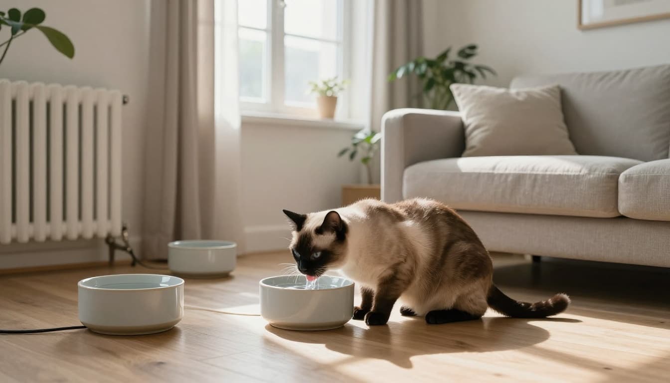 A relaxed Siamese cat laps water from a ceramic bowl near a sunny window and radiator in a modern Scandinavian living room with multiple water bowls, bright natural light, light wood floors, neutral sofa, and cozy plants.