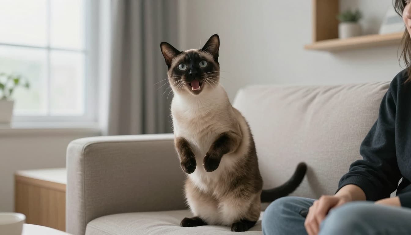 A curious Siamese cat meows insistently up at a person on a beige sofa in a modern Scandinavian living room with bright natural light and minimalist decor.