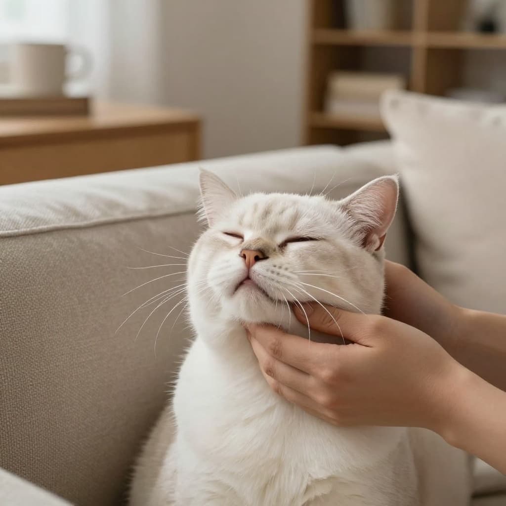 Close-up of a confident Siamese cat's face receiving caresses in a cozy Scandinavian living room, purring intensely with slight drool, eyes closed in total relaxation amid warm natural light and minimalist decor.