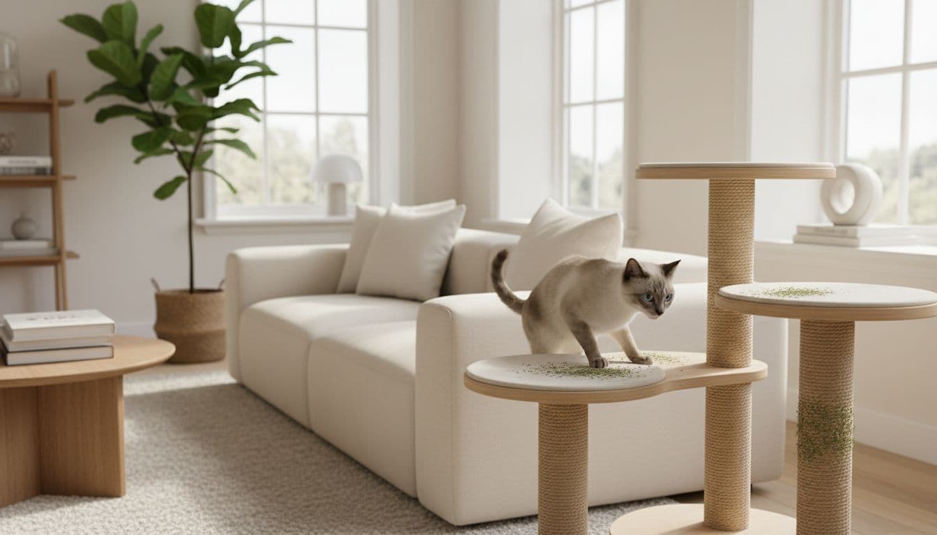 A curious Siamese cat sniffs and approaches a premium cat tree sprinkled with catnip in a bright, minimalist Scandinavian living room filled with natural light and cozy warm tones.