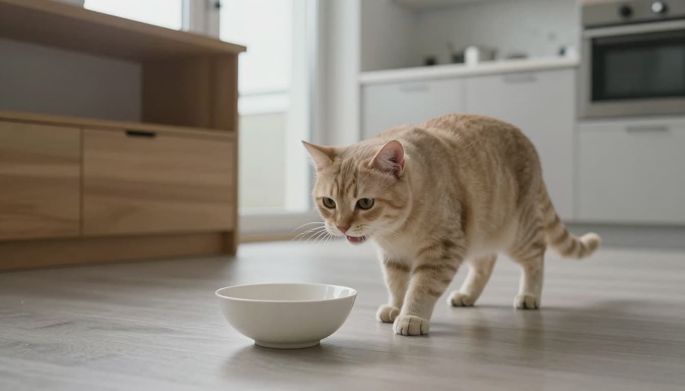 A sleek Siamese cat intently gazes at an empty bowl on the floor of a modern Scandinavian kitchen with light wood counters and pale gray tiles, illuminated by soft morning natural light.