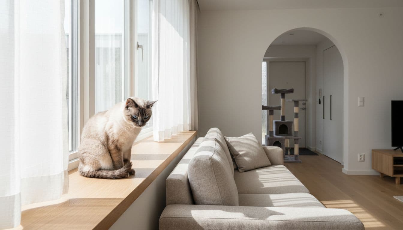 Premium lifestyle photo of a curious Siamese cat perched on a wide sunny window sill in a bright modern Scandinavian minimalist living room, overlooking the space with a relaxed curled tail, contrasting an awkwardly placed cat tree in the background. Warm cozy atmosphere with neutral beige, light wood, and soft natural light.