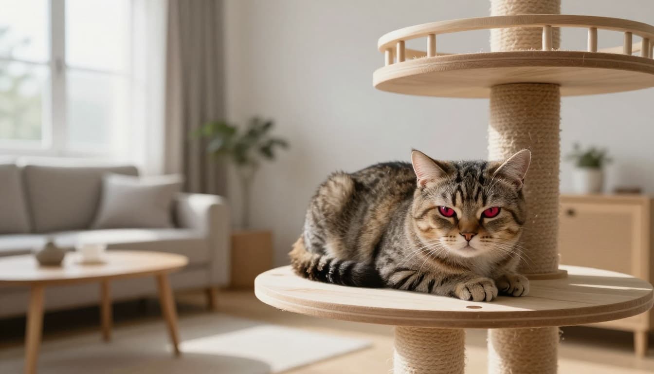 A lethargic domestic shorthair cat with thick nasal discharge and watery red eyes rests curled up on a wooden cat tree in a bright Scandinavian minimalist living room.