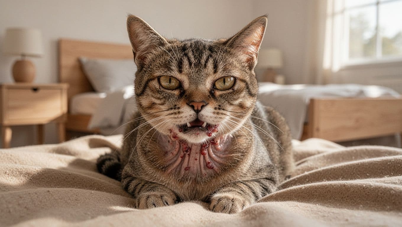 Close-up portrait of a single adult shorthair cat showing illness signs like sunken eyes, sticky gums, and loose neck skin, resting on a soft beige blanket in a minimalist Scandinavian bedroom with natural daylight.
