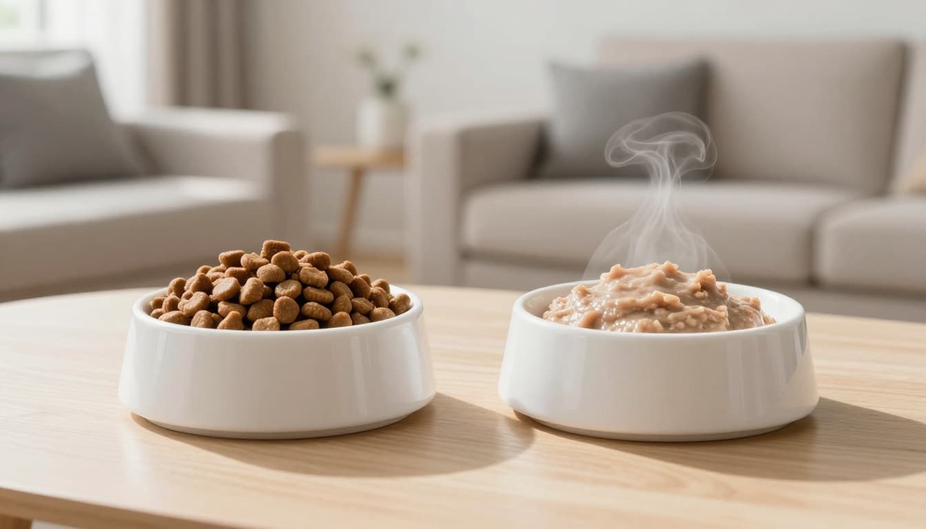 Premium lifestyle photo showing two cat food bowls side-by-side on a light wood table in a modern Scandinavian living room: left with dry brown kibble, right with smooth wet pate, subtle steam, natural light, cozy minimalist background.