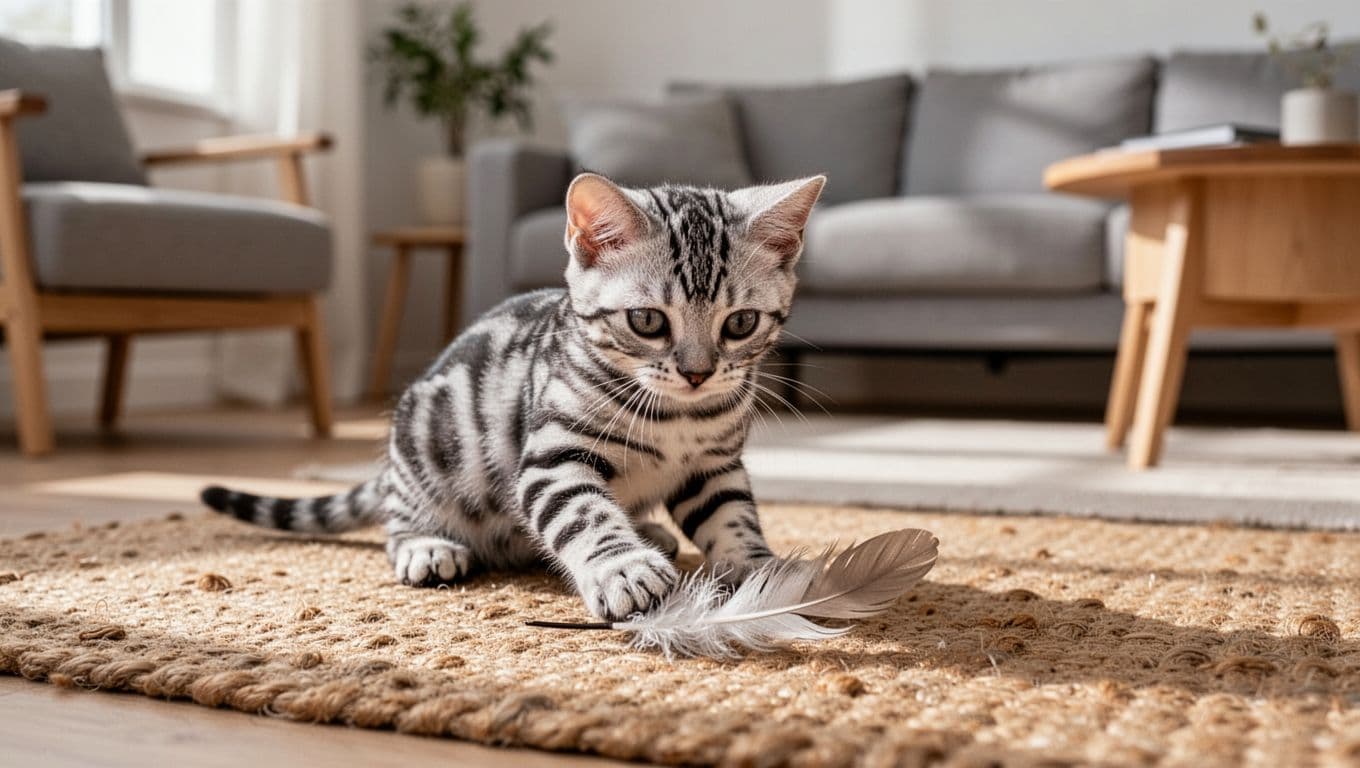 A silver marbled Bengal kitten gently plays with a feather on a natural fiber rug in a modern Scandinavian living room filled with natural light and minimalist furniture.