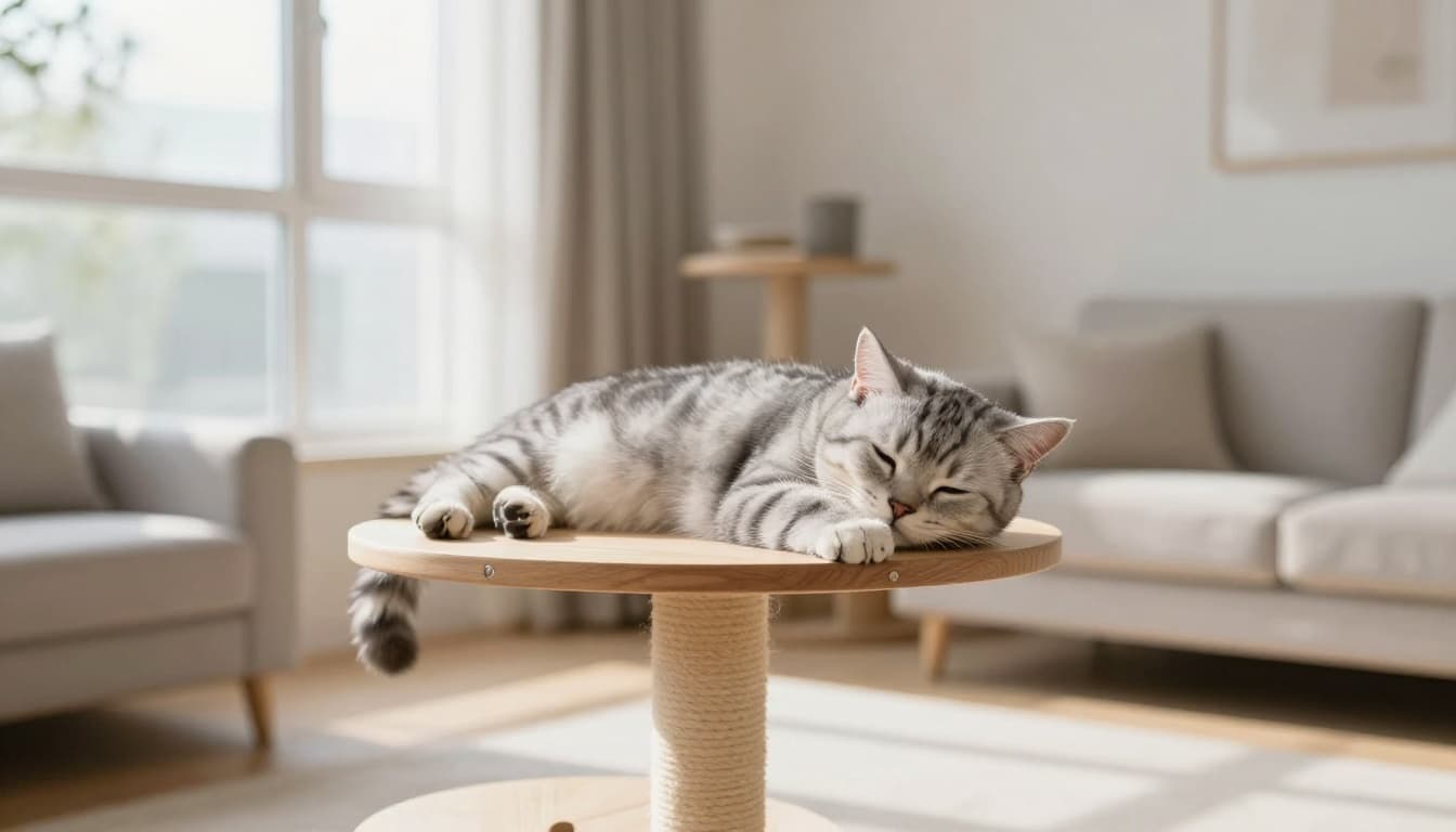 A sleek silver tabby cat wakes from a nap and stretches lazily with half-open eyes on a high platform of an elegant light wooden cat tree in a bright Scandinavian living room filled with natural morning light and minimalist decor.