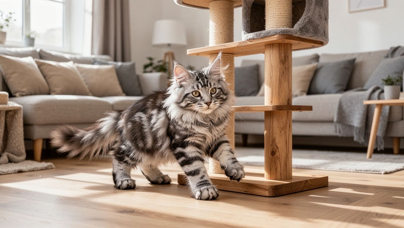 A large fluffy Maine Coon kitten with silver tabby fur and oversized paws plays gently near a sturdy wooden cat tree in a bright Scandinavian minimalist living room with natural light and cozy atmosphere.