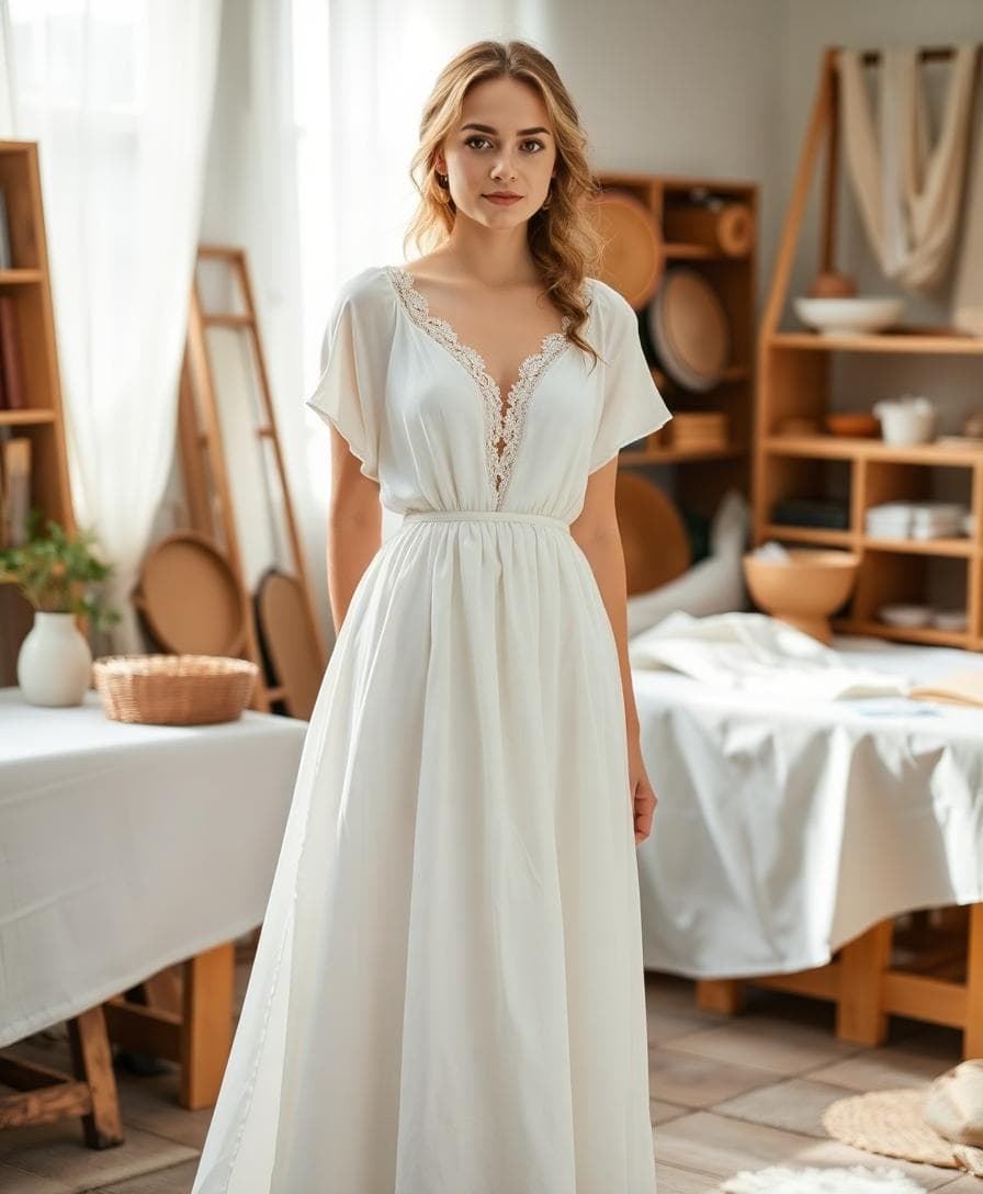 Robe de mariée bohème simple et fluide, dentelle guipure robuste, traîne amovible, en atelier de couture lumineux