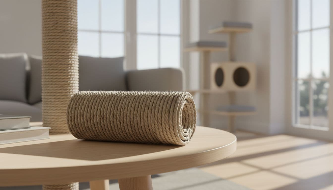 Close-up of high-quality natural sisal rope coil on wooden table next to scratching post in bright Scandinavian living room with minimalist decor.