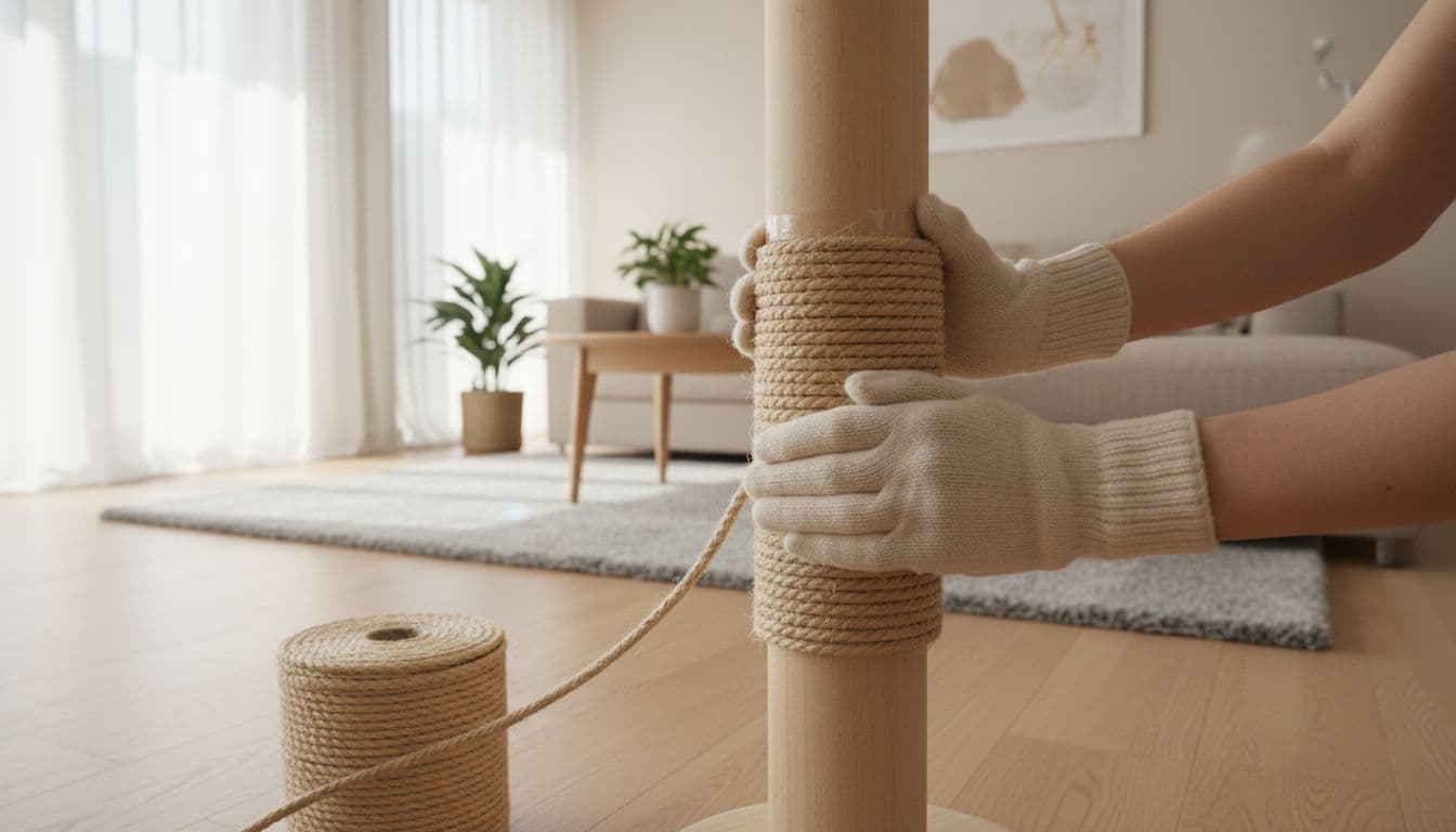 Gloved hands tightly wrapping natural beige sisal rope around the base of a wooden cat scratching post in a bright, minimalist Scandinavian living room with natural light.