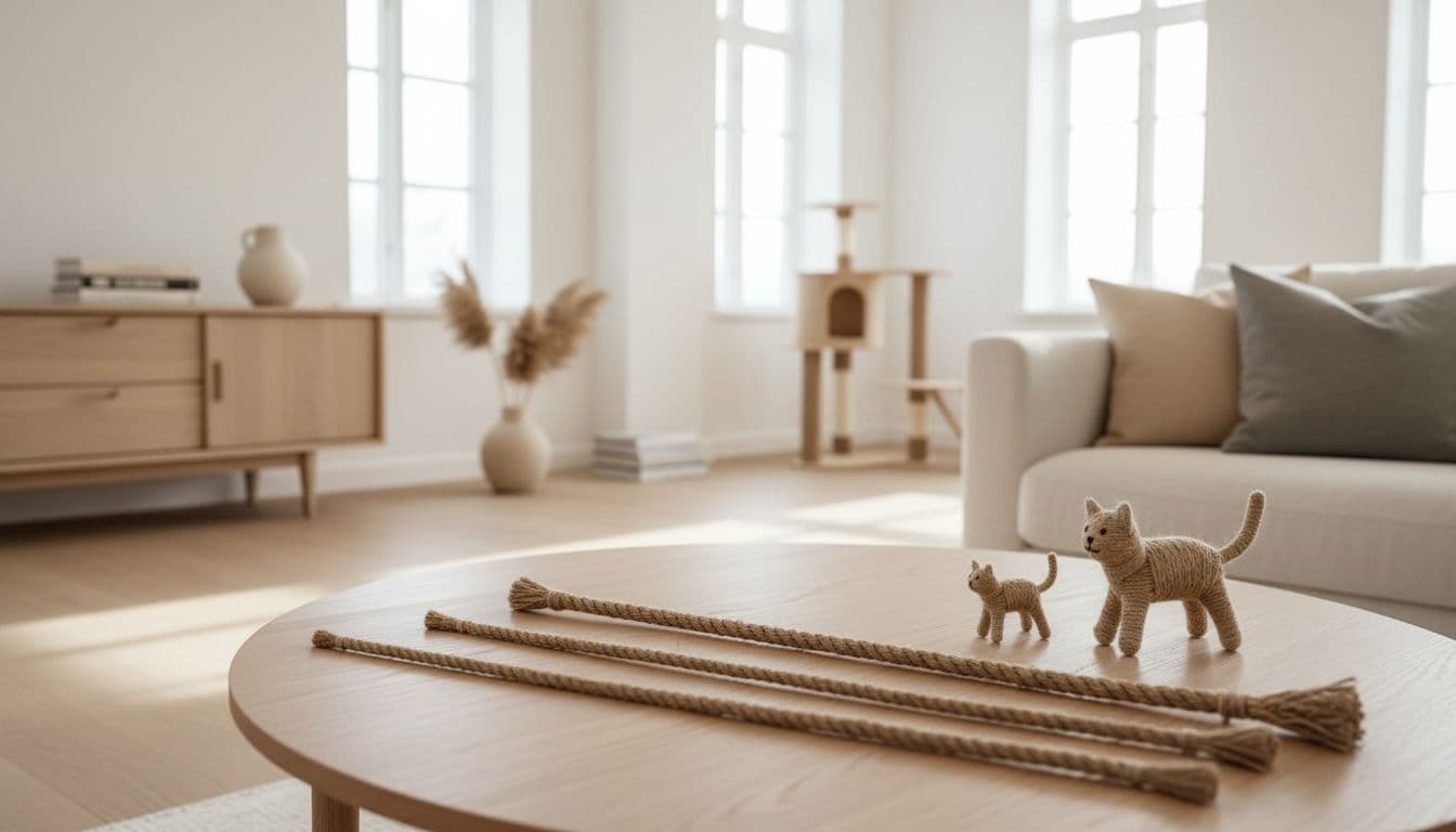 High-end product photo in a bright Scandinavian living room featuring three natural sisal ropes (4mm thin, 6mm medium, 10mm thick) laid straight on a wooden surface next to small, medium, and large toy cats for scale, with soft natural light and subtle elegant cat tree in the background.