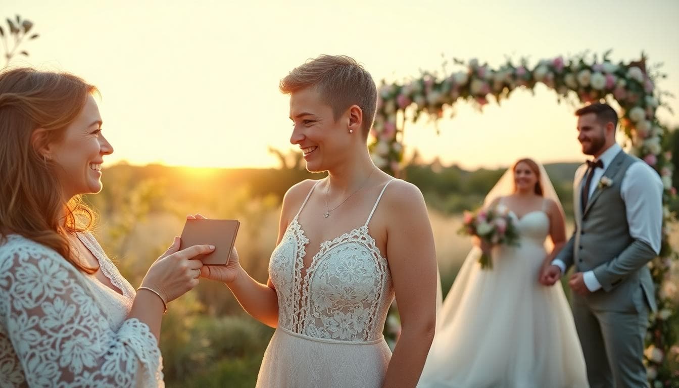 Une sœur offre un cadeau symbolique à son frère lors d'un mariage bohème en extérieur, avec un album photo ou un bijou de famille à la main, ambiance chaleureuse et familiale, entourée de fleurs sauvages et d'éléments naturels comme des arbres et un ciel bleu clair. Au premier plan, la sœur sourit tendrement en tendant le cadeau ; en arrière-plan, le couple de mariés rit joyeusement sous une arche fleurie