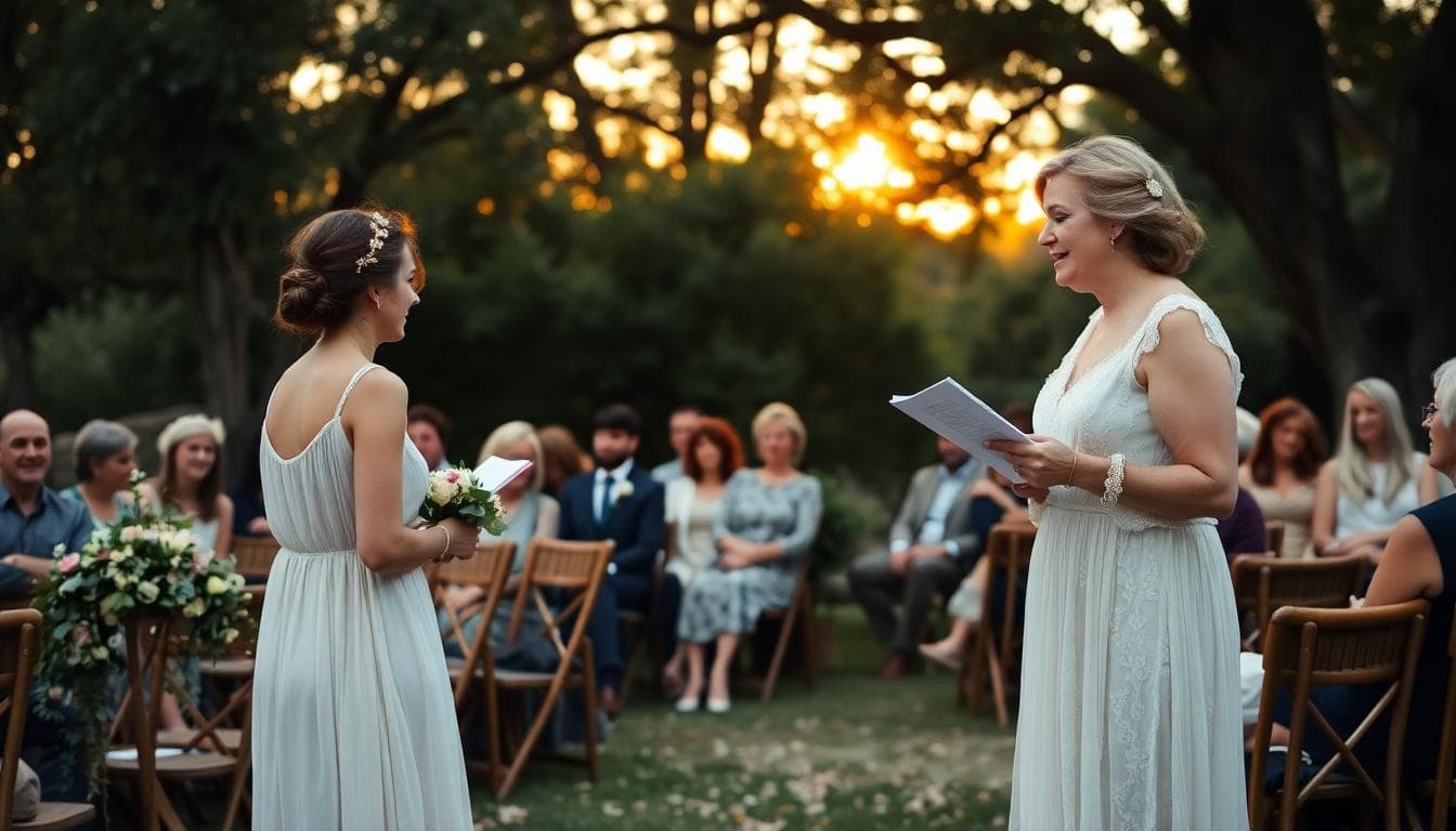 Une sœur prononce un discours émouvant lors d'un mariage bohème en extérieur, lumière dorée et ambiance tendre