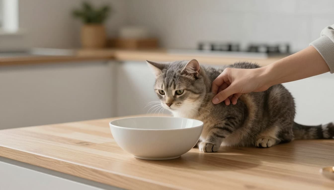 A thin and exhausted cat shows skin tenting when its neck is gently pinched, near an empty water bowl in a modern minimalist Scandinavian kitchen with light wood furniture and natural light.