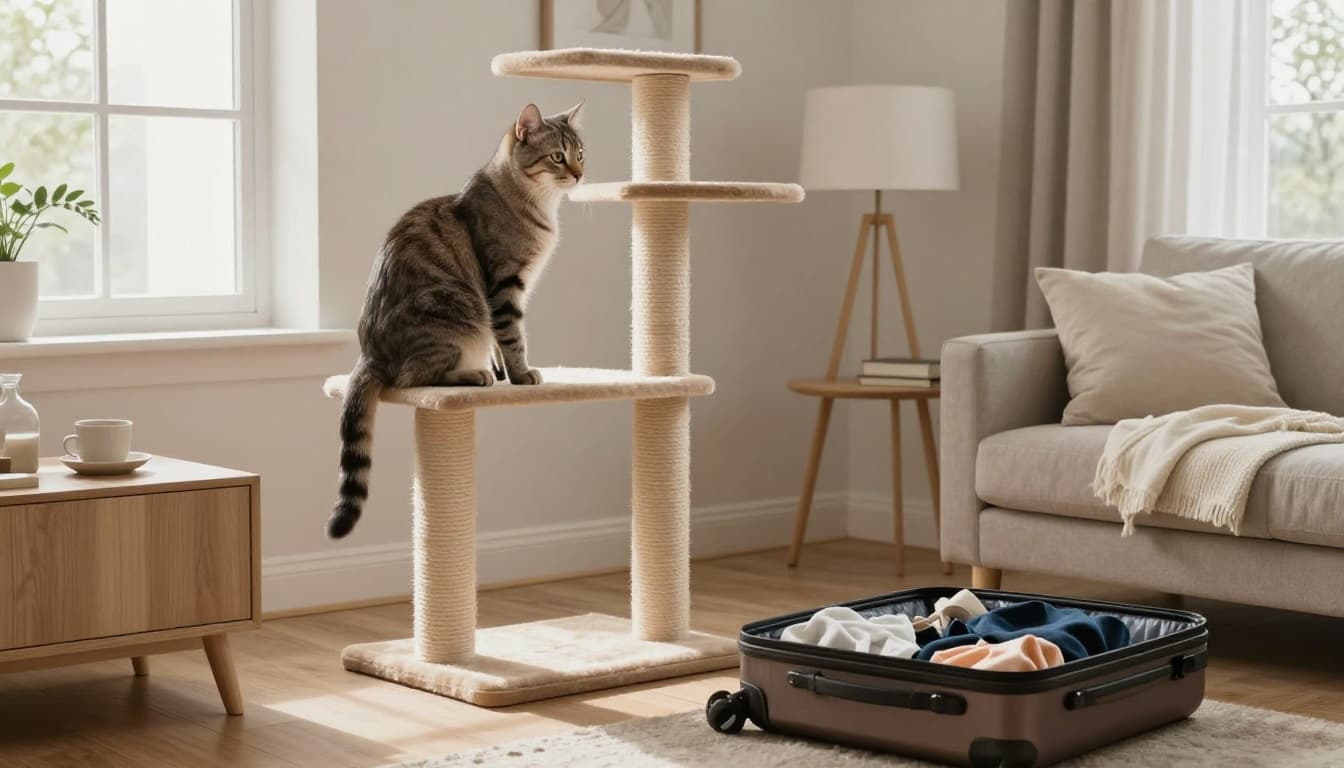 A sleek cat sits aloof on a durable designer cat tree perch in a luxurious Scandinavian living room, subtly turning its back to an open travel suitcase with vacation scents. Realistic high-end photography captures warm light, minimalist decor, and the cat's insecurity.