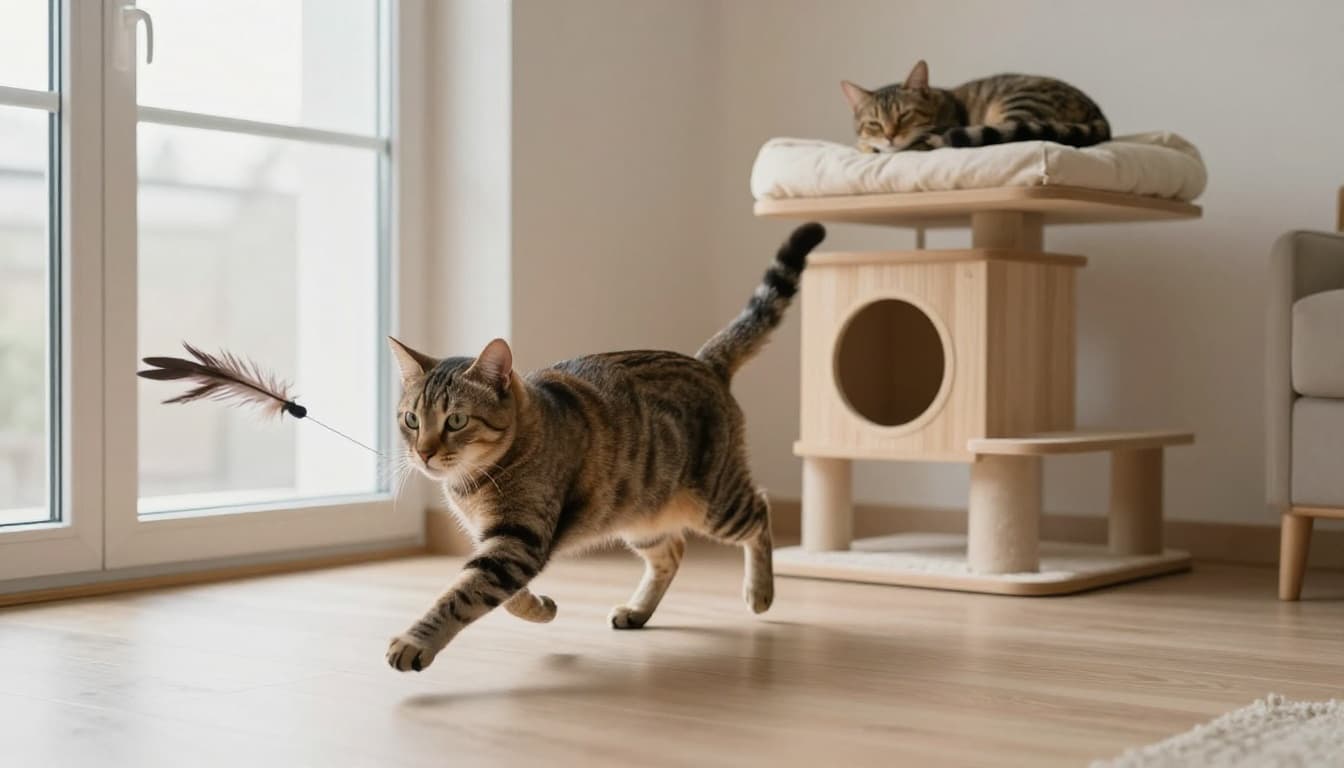 A sleek adult cat mid-sprint chases a feather toy across a minimalist Scandinavian living room floor, contrasting with the same cat curled up sleeping on a premium cat tree in the background. Premium lifestyle photography captures dynamic action and serene rest in bright natural light with neutral tones.